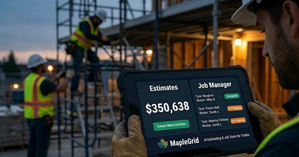 Trades contractor reviewing estimates and job tasks on MapleGrid tablet at a jobsite
